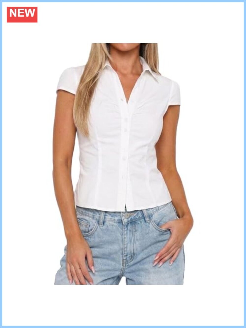 Y2K Slim Fit Cropped Button Down Shirt Cap Sleeve Preppy Top